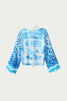 Primary/Descriptive: Me369 Ayla tie front indigo shirt with white floral embroidery and checkerboard sleeves