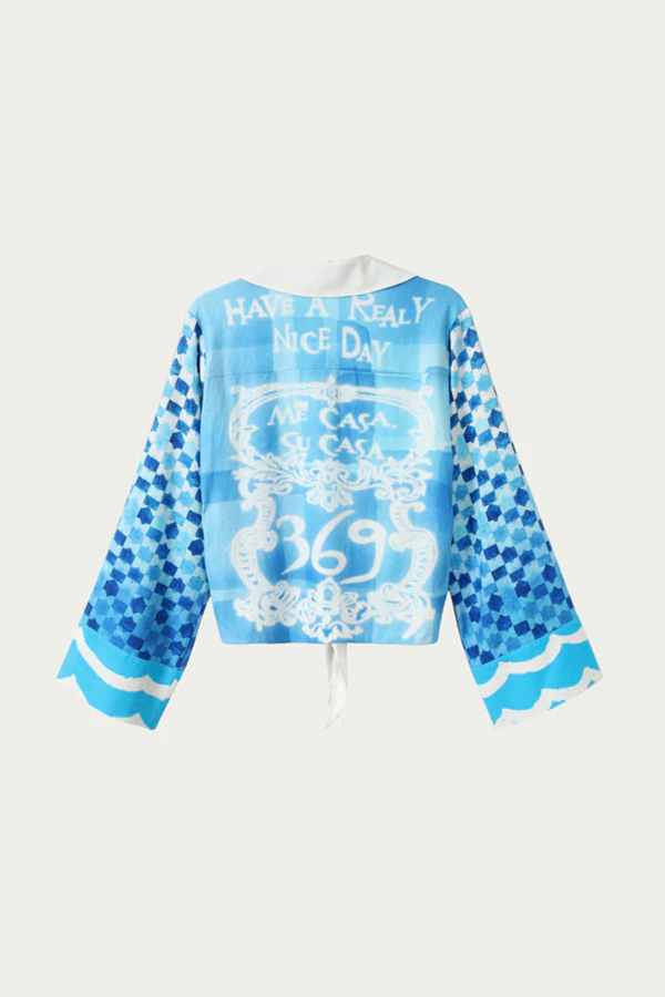 Primary/Descriptive: Me369 Ayla tie front indigo shirt with white floral embroidery and checkerboard sleeves