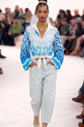 Primary/Descriptive: Me369 Ayla tie front indigo shirt with white floral embroidery and checkerboard sleeves