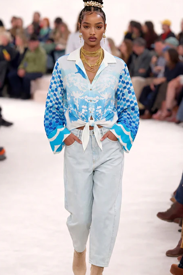 Primary/Descriptive: Me369 Ayla tie front indigo shirt with white floral embroidery and checkerboard sleeves