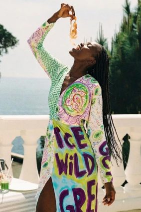 Me369 Camila midi dress with spiritual green, purple, and turquoise mandala and energy wheel prints