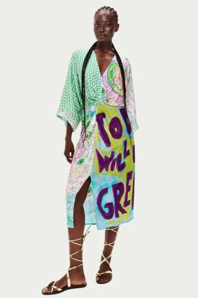 Me369 Camila midi dress with spiritual green, purple, and turquoise mandala and energy wheel prints