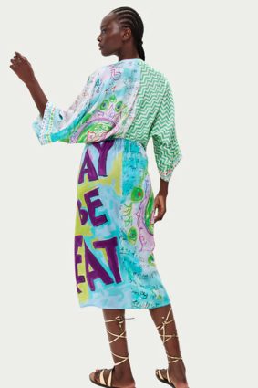 Me369 Camila midi dress with spiritual green, purple, and turquoise mandala and energy wheel prints