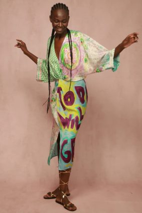 Me369 Camila midi dress with spiritual green, purple, and turquoise mandala and energy wheel prints