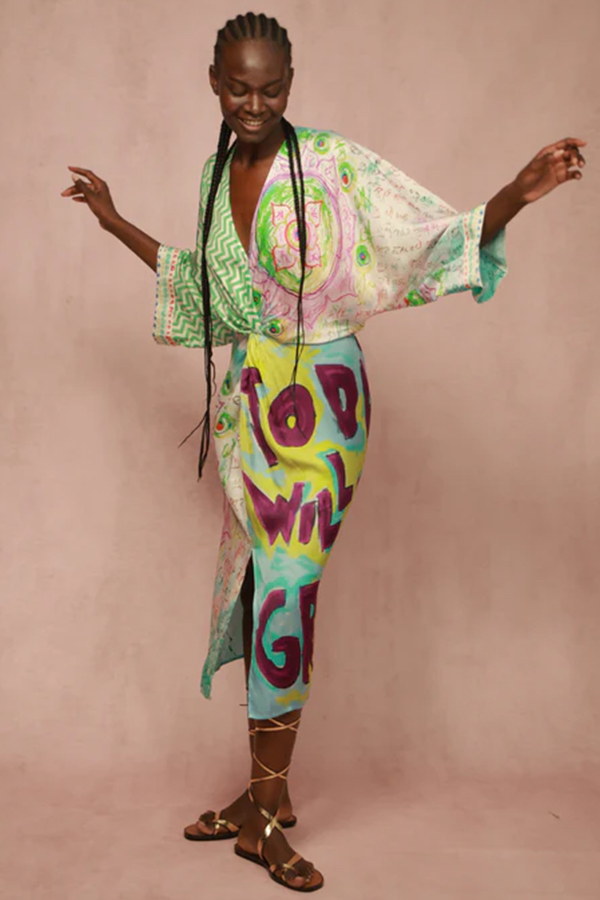Me369 Camila midi dress with spiritual green, purple, and turquoise mandala and energy wheel prints
