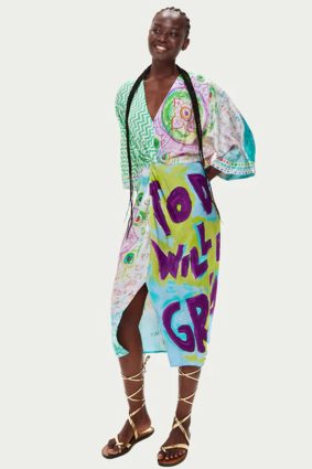 Me369 Camila midi dress with spiritual green, purple, and turquoise mandala and energy wheel prints