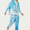 Me369 Kai relaxed indigo watercolor belted cargo pants with white fern embroidery and hand-painted text