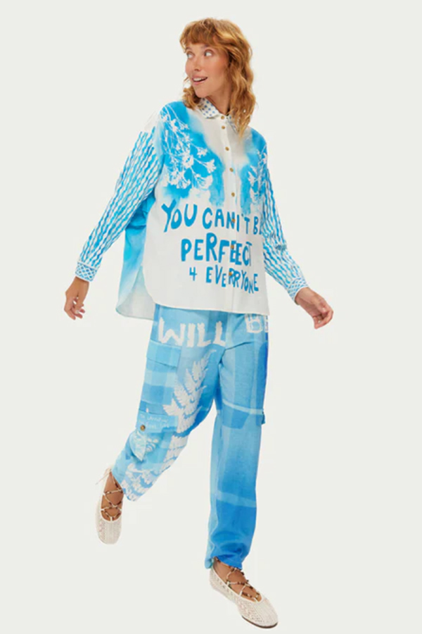 Me369 Kai relaxed indigo watercolor belted cargo pants with white fern embroidery and hand-painted text