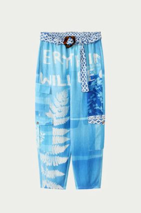 Me369 Kai relaxed indigo watercolor belted cargo pants with white fern embroidery and hand-painted text