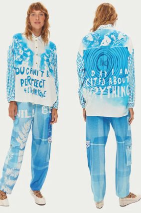 Me369 Kai relaxed indigo watercolor belted cargo pants with white fern embroidery and hand-painted text