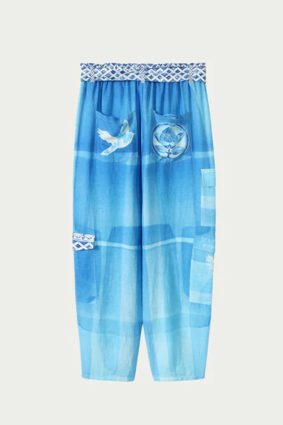 Me369 Kai relaxed indigo watercolor belted cargo pants with white fern embroidery and hand-painted text
