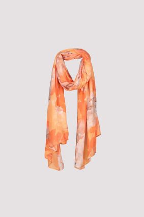 Monari floral print scarf in orange, coral, and blush tones, lightweight viscose fabric