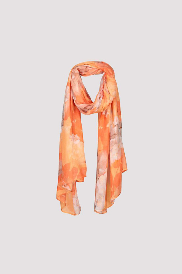 Monari floral print scarf in orange, coral, and blush tones, lightweight viscose fabric