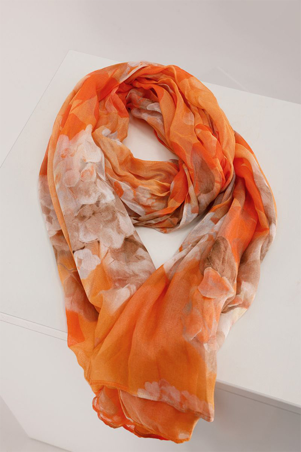 Monari floral print scarf in orange, coral, and blush tones, lightweight viscose fabric