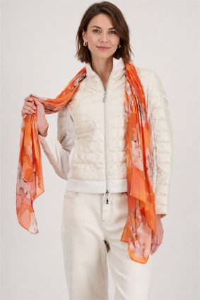 Monari floral print scarf in orange, coral, and blush tones, lightweight viscose fabric