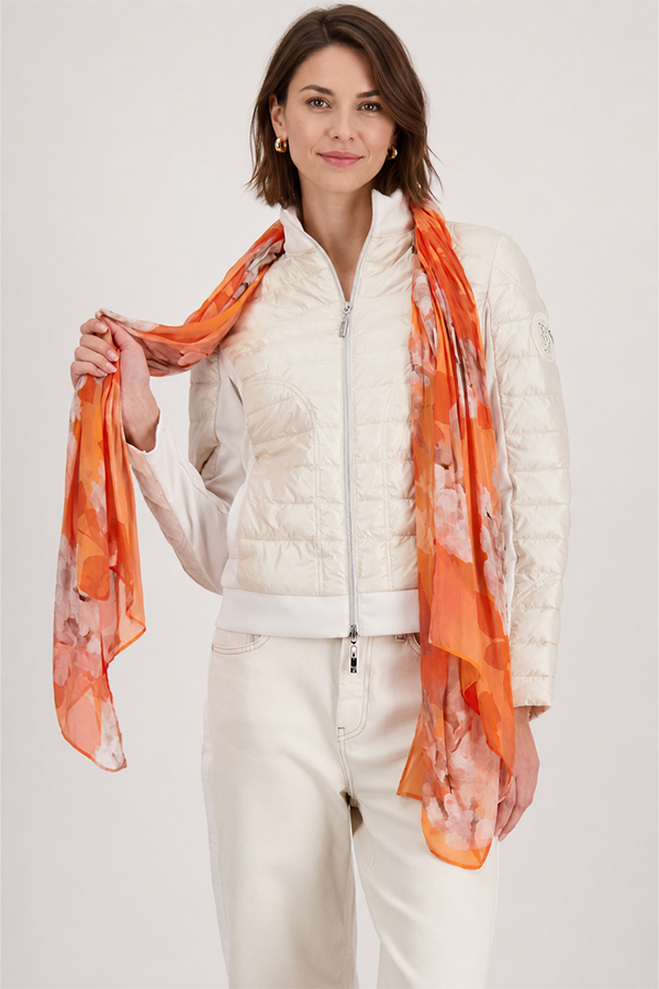 Monari floral print scarf in orange, coral, and blush tones, lightweight viscose fabric