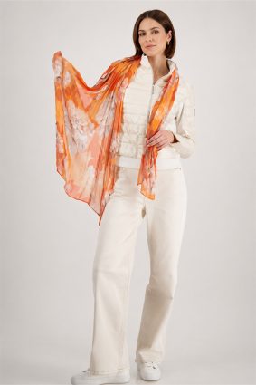 Monari floral print scarf in orange, coral, and blush tones, lightweight viscose fabric