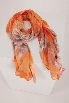 Monari floral print scarf in orange, coral, and blush tones, lightweight viscose fabric