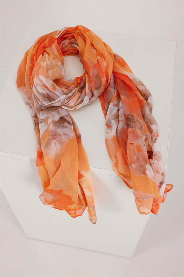 Monari floral print scarf in orange, coral, and blush tones, lightweight viscose fabric