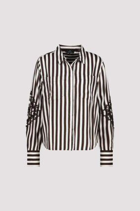 Monari all over print sweater in dark chocolate stripe worn by model
