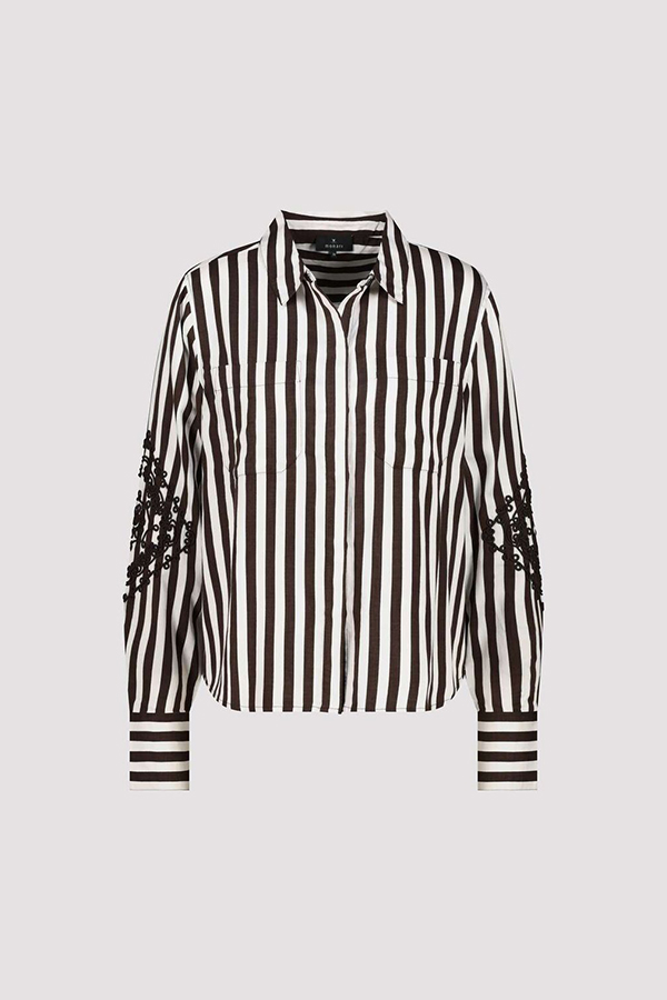 Monari all over print sweater in dark chocolate stripe worn by model