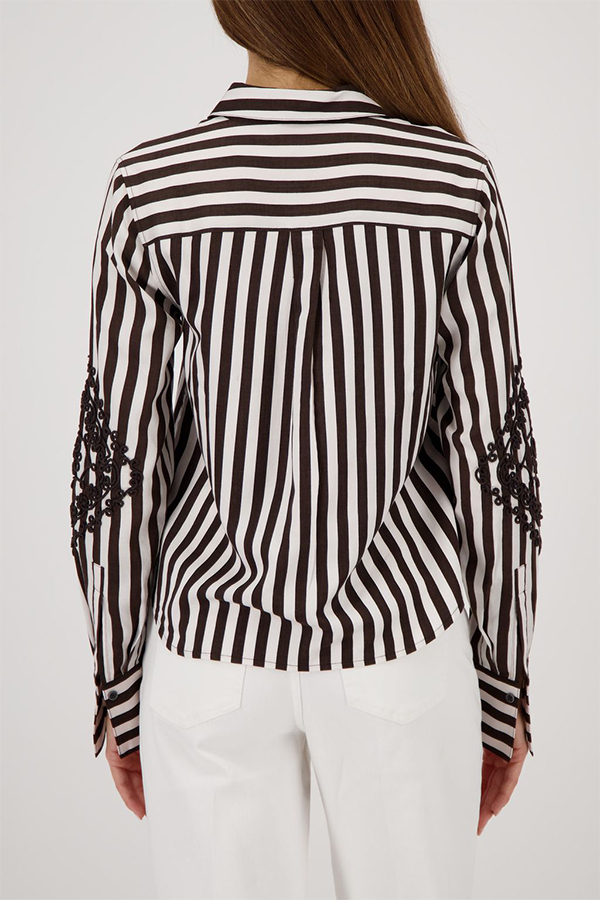 Monari all over print sweater in dark chocolate stripe worn by model