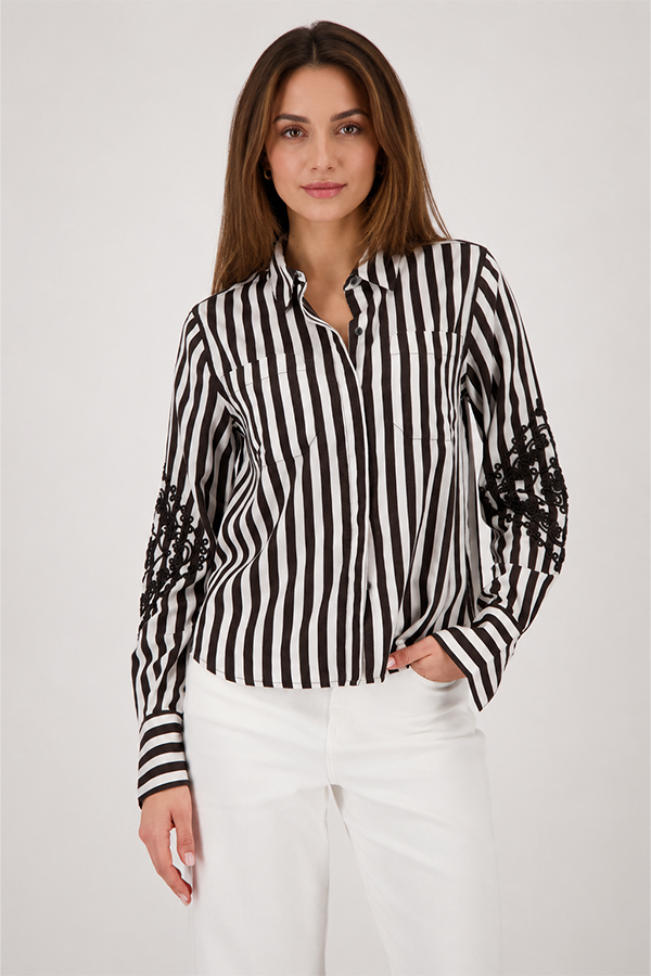 Monari all over print sweater in dark chocolate stripe worn by model