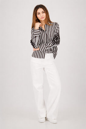 Monari all over print sweater in dark chocolate stripe worn by model