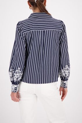 Monari striped lace blouse in marine blue and white, lightweight patterned viscose blend fabric