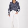 Monari striped lace blouse in marine blue and white, lightweight patterned viscose blend fabric