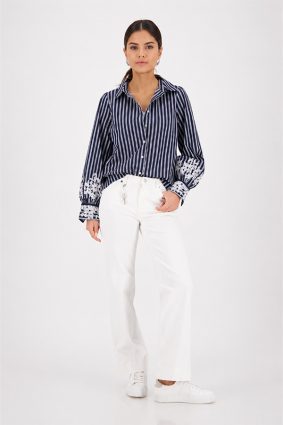 Monari striped lace blouse in marine blue and white, lightweight patterned viscose blend fabric