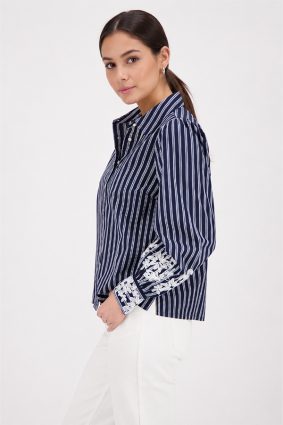 Monari striped lace blouse in marine blue and white, lightweight patterned viscose blend fabric