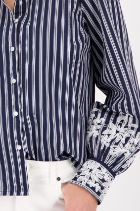 Monari striped lace blouse in marine blue and white, lightweight patterned viscose blend fabric