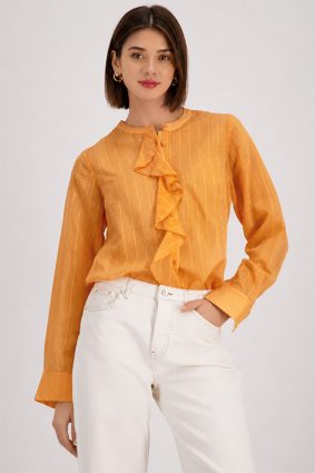 Monari striped ruffle blouse in warm aperitif orange, lightweight viscose blend fabric