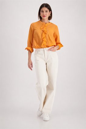 Monari striped ruffle blouse in warm aperitif orange, lightweight viscose blend fabric