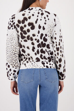 Monari jacket in a dark chocolate leopard jacquard print pattern worn by a model.
