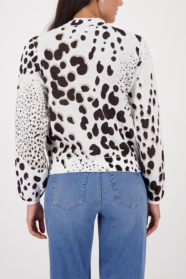 Monari jacket in a dark chocolate leopard jacquard print pattern worn by a model.