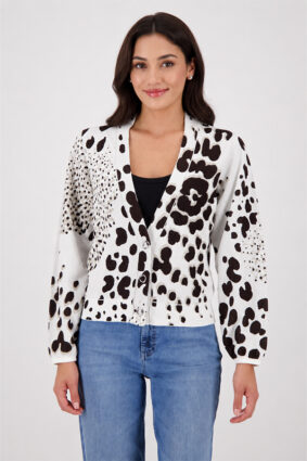 Monari jacket in a dark chocolate leopard jacquard print pattern worn by a model.