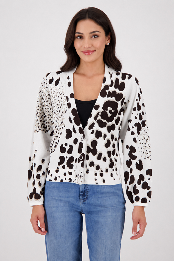 Monari jacket in a dark chocolate leopard jacquard print pattern worn by a model.