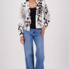 Monari jacket in a dark chocolate leopard jacquard print pattern worn by a model.
