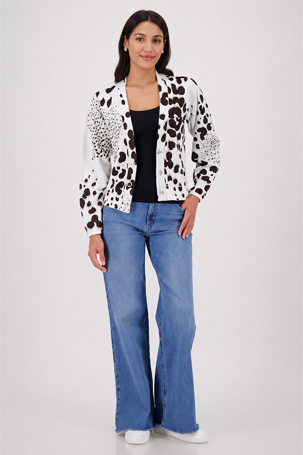 Monari jacket in a dark chocolate leopard jacquard print pattern worn by a model.