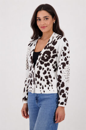 Monari jacket in a dark chocolate leopard jacquard print pattern worn by a model.