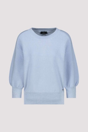 Monari soft knit jacket lurex sweater in light sky blue worn by a model.