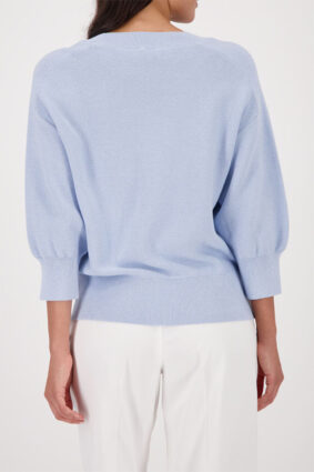 Monari soft knit jacket lurex sweater in light sky blue worn by a model.