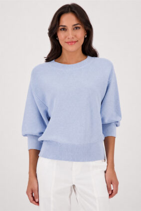 Monari soft knit jacket lurex sweater in light sky blue worn by a model.