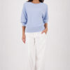 Monari soft knit jacket lurex sweater in light sky blue worn by a model.