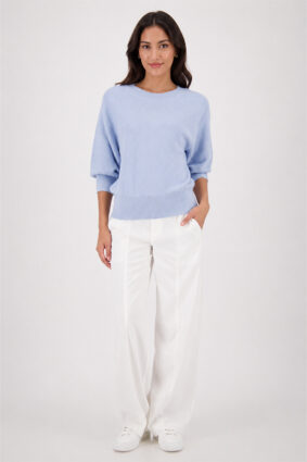 Monari soft knit jacket lurex sweater in light sky blue worn by a model.
