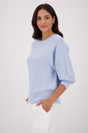 Monari soft knit jacket lurex sweater in light sky blue worn by a model.