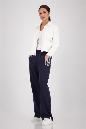 Monari nylon striped pants in marine blue, 83cm length, straight-leg style with striped pocket detailing