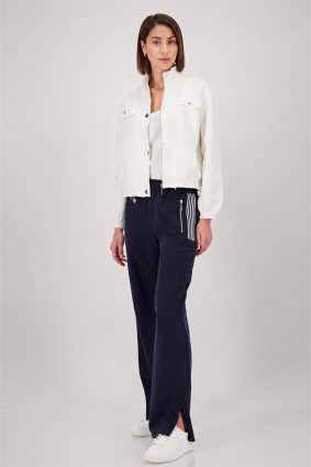Monari nylon striped pants in marine blue, 83cm length, straight-leg style with striped pocket detailing